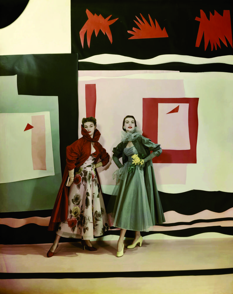 Jean Patchett (left) and Carmen Dell’Orefice model Ceil Chapman eveningwear in front of a back-drop inspired by Matisse’s ‘Jazz’, photographed for Vogue by Cecil Beaton, 1949Cecil Beaton\/Condé Nast via Getty Images