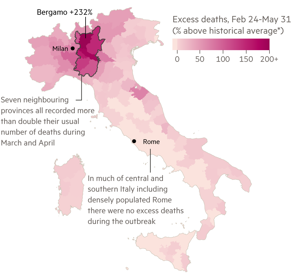 Map of excess deaths in Italy by province
