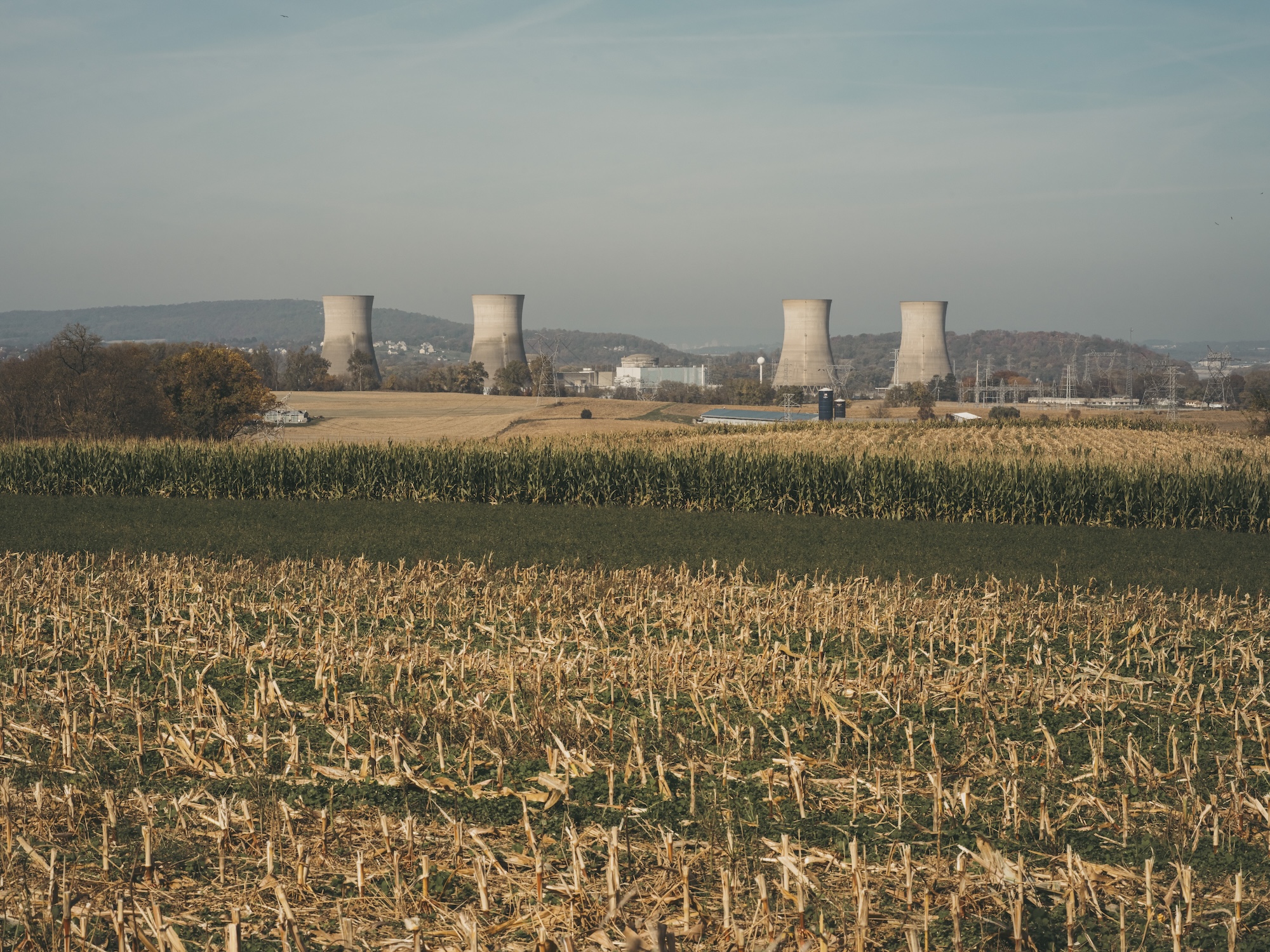 The Three Mile Island nuclear power plant is surrounded by rich agricultural fields in Pennsylvania