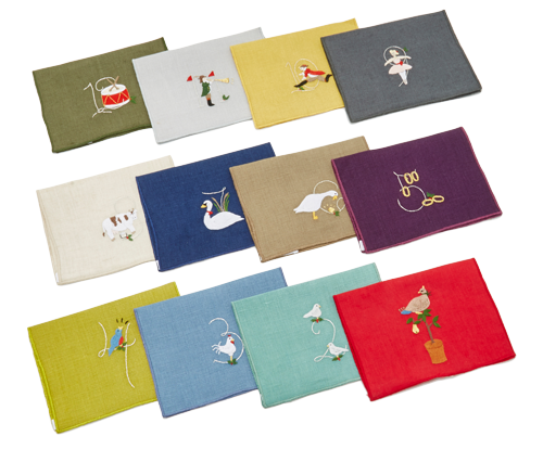 Julia B Couture Linens, 12 Days Of Christmas cocktail napkin set, £780, modaoperandi.com