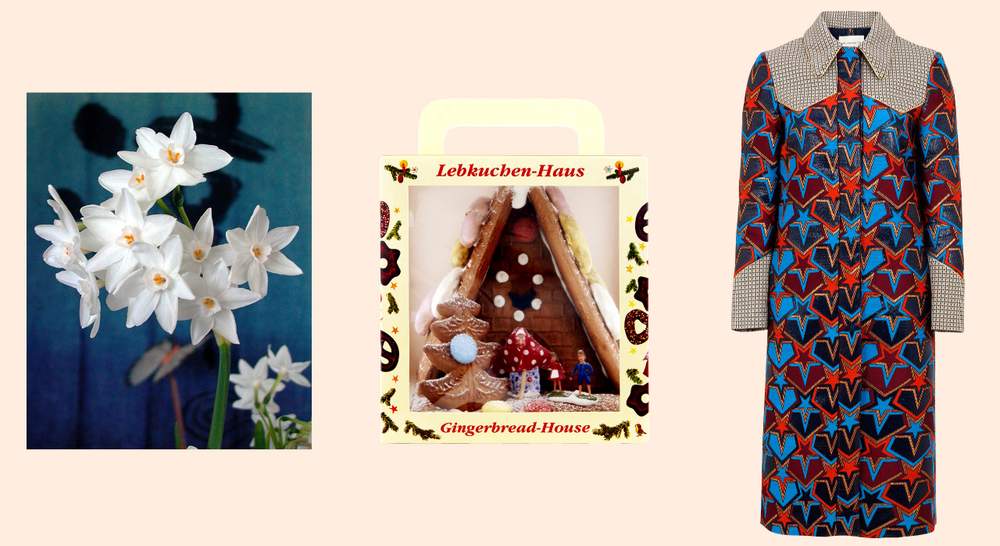 &quot;Paperwhite&quot; flower; gingerbread house, £14.99 selfridges.com;&amp;nbsp;Stardom coat, £2,190, marykatrantzou.com