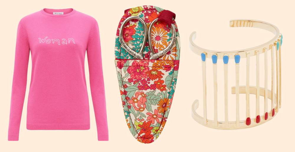 Cashmere jumper, £380, bellafreud.com; sewing scissors and case, £8.95, libertylondon.com; bracelet, €224, jiwinaia.com