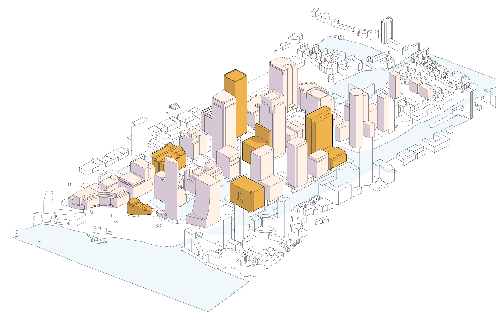 A 3D graphic of Canary Wharf highlighting the buildings on the estate undergoing a refit in yellow