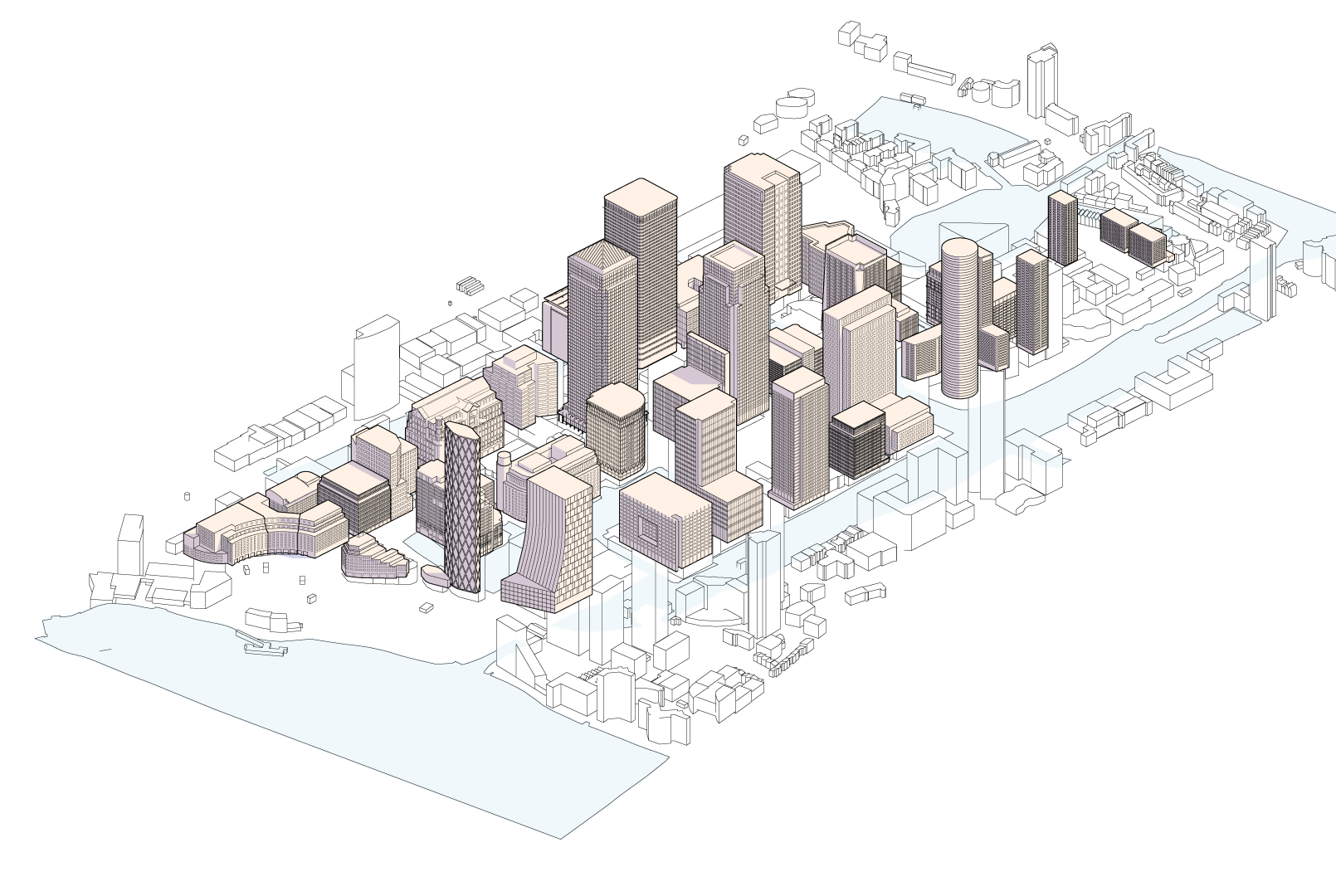 An isometric 3D rendering of Canary Wharf. The buildings are depicted in a detailed, line-drawn style, highlighting their architectural design and layout. The rendering also includes surrounding areas and waterways, giving a comprehensive view of the district.