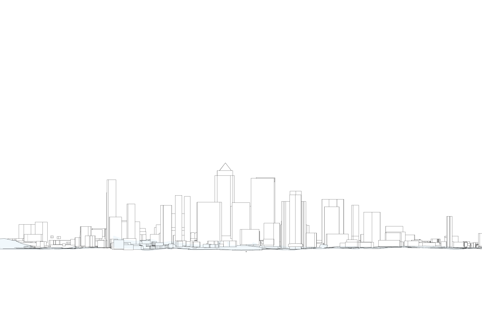 A isometric side-on rendering of Canary Wharf. The buildings are depicted in a simple, line-drawn style, highlighting the silhouettes and layout of the buildings.