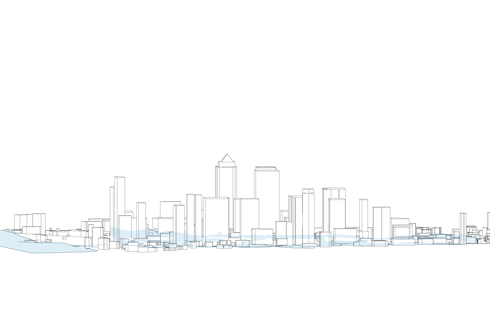 A isometric side-on rendering of Canary Wharf. The buildings are depicted in a simple, line-drawn style, highlighting the silhouettes and layout of the buildings.