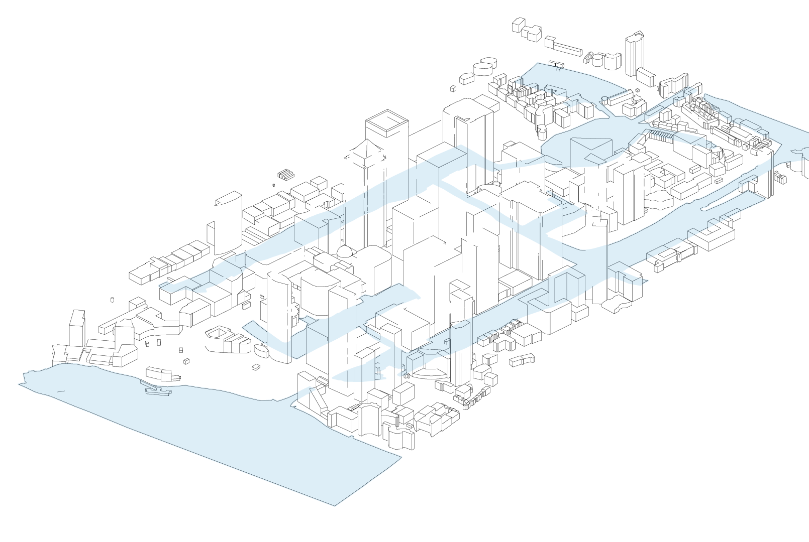A isometric side-on rendering of Canary Wharf. The buildings are depicted in a simple, line-drawn style, highlighting the silhouettes and layout of the buildings.