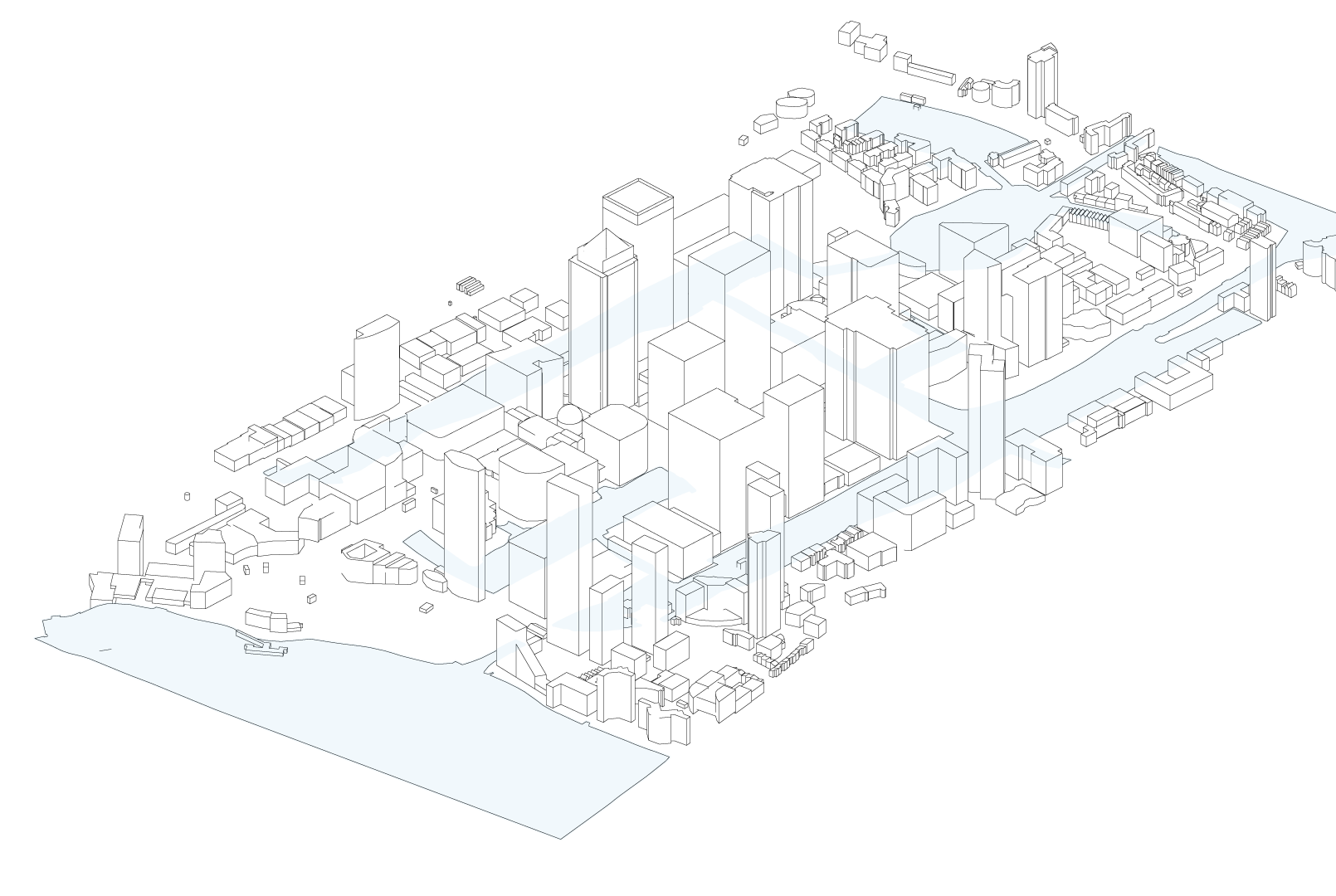 A isometric side-on rendering of Canary Wharf. The buildings are depicted in a simple, line-drawn style, highlighting the silhouettes and layout of the buildings.