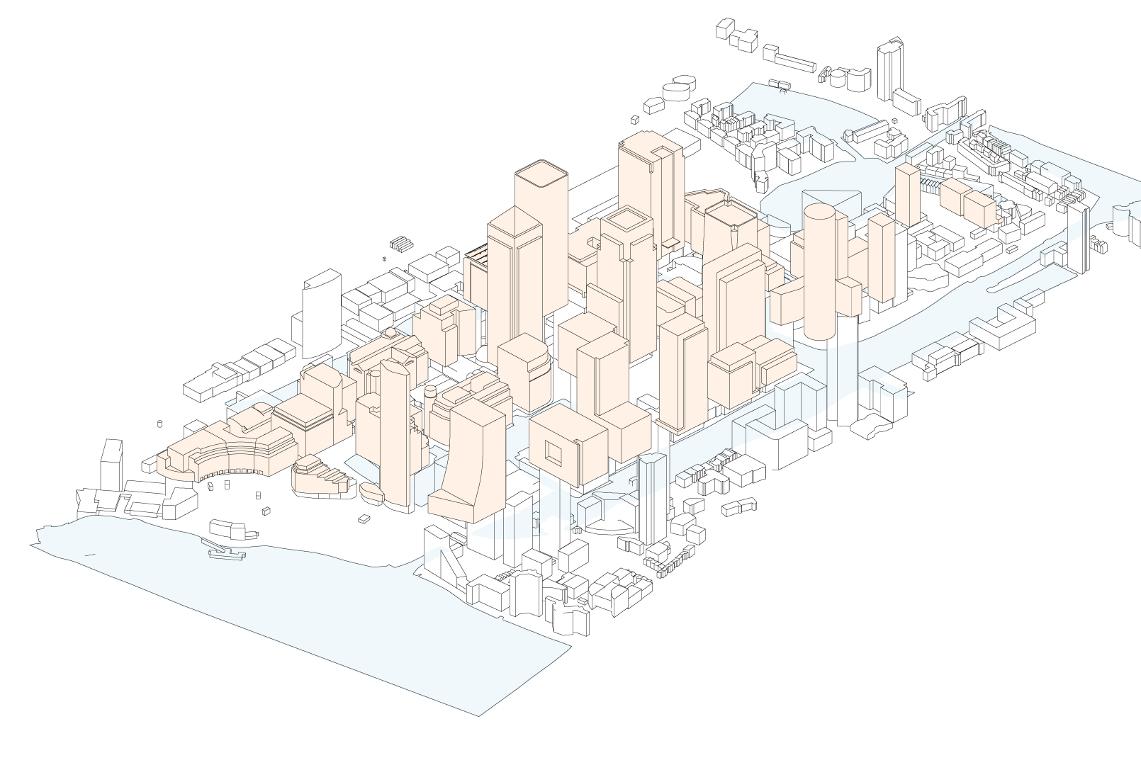 An isometric 3D view of Canary Wharf. The buildings are depicted in a simple, line-drawn style, highlighting the silhouettes and layout of the buildings.