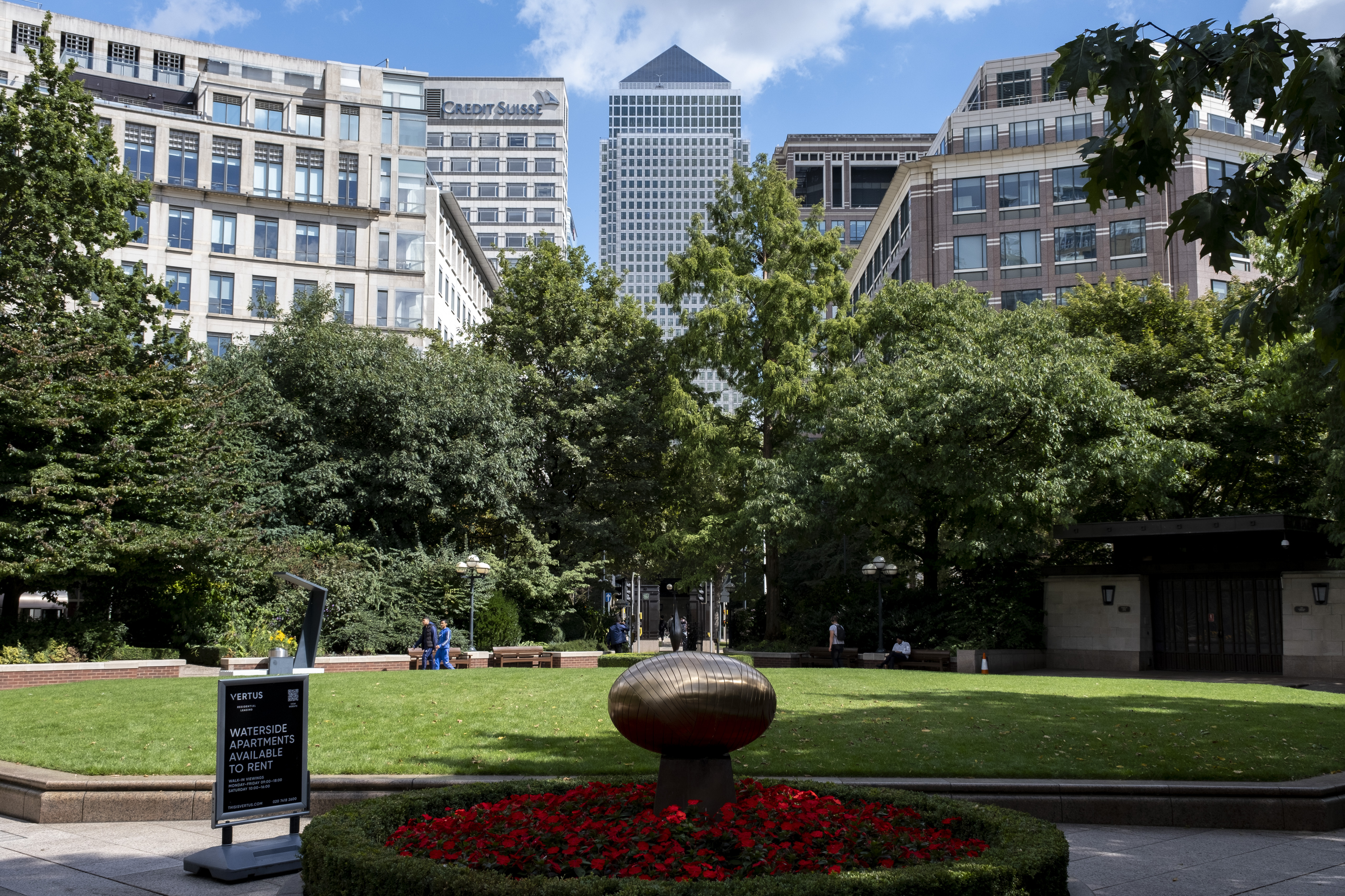 A view from the ground of the gardens at Westferry Circus in Canary Wharf.