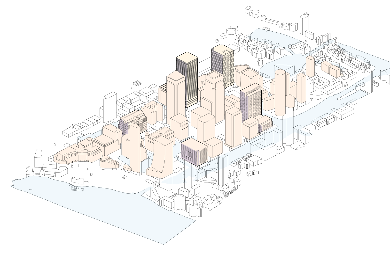 An isometric 3D rendering of Canary Wharf with HSBC, Clifford Chance, Barclays and Morgan Stanley picked out. The buildings are depicted in a detailed, line-drawn style, highlighting their architectural design and layout. The rendering also includes surrounding areas and waterways, giving a comprehensive view of the district.