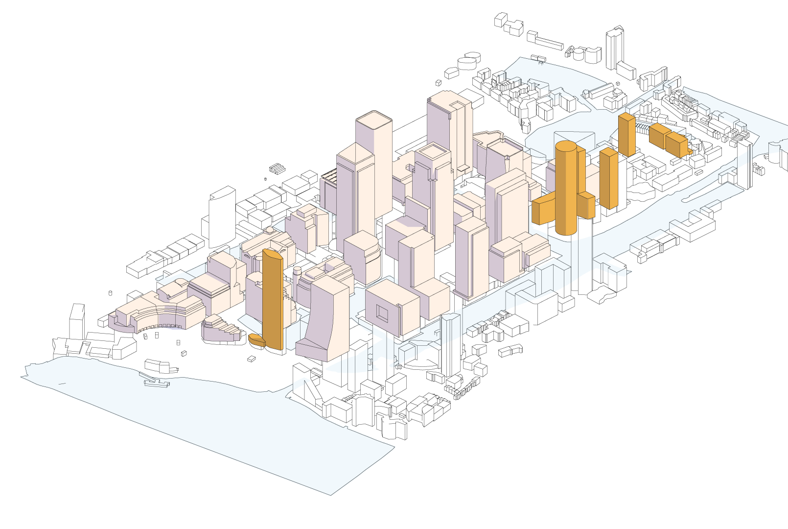 A 3D graphic of Canary Wharf highlighting the residential buildings on the estate in yellow