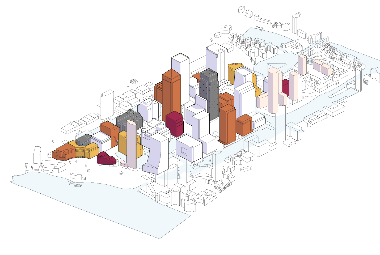 An isometric 3D rendering of Canary Wharf illustrating the vacancy rates of its buildings. The buildings are color-coded based on their vacancy rates, with a key: white for 0%, yellow for 1-25%, orange for 26-50% and red for 51-75%. Additionally, buildings that are empty for redevelopment are marked in grey with a dotted pattern.