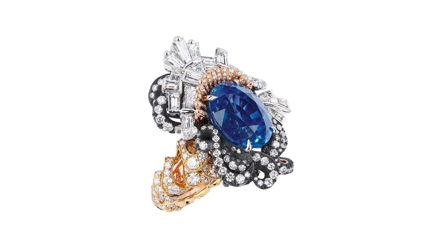 Appartements de Mesdames. Alcove ring in yellow gold, darkened silver, white and pink gold, diamonds and sapphire