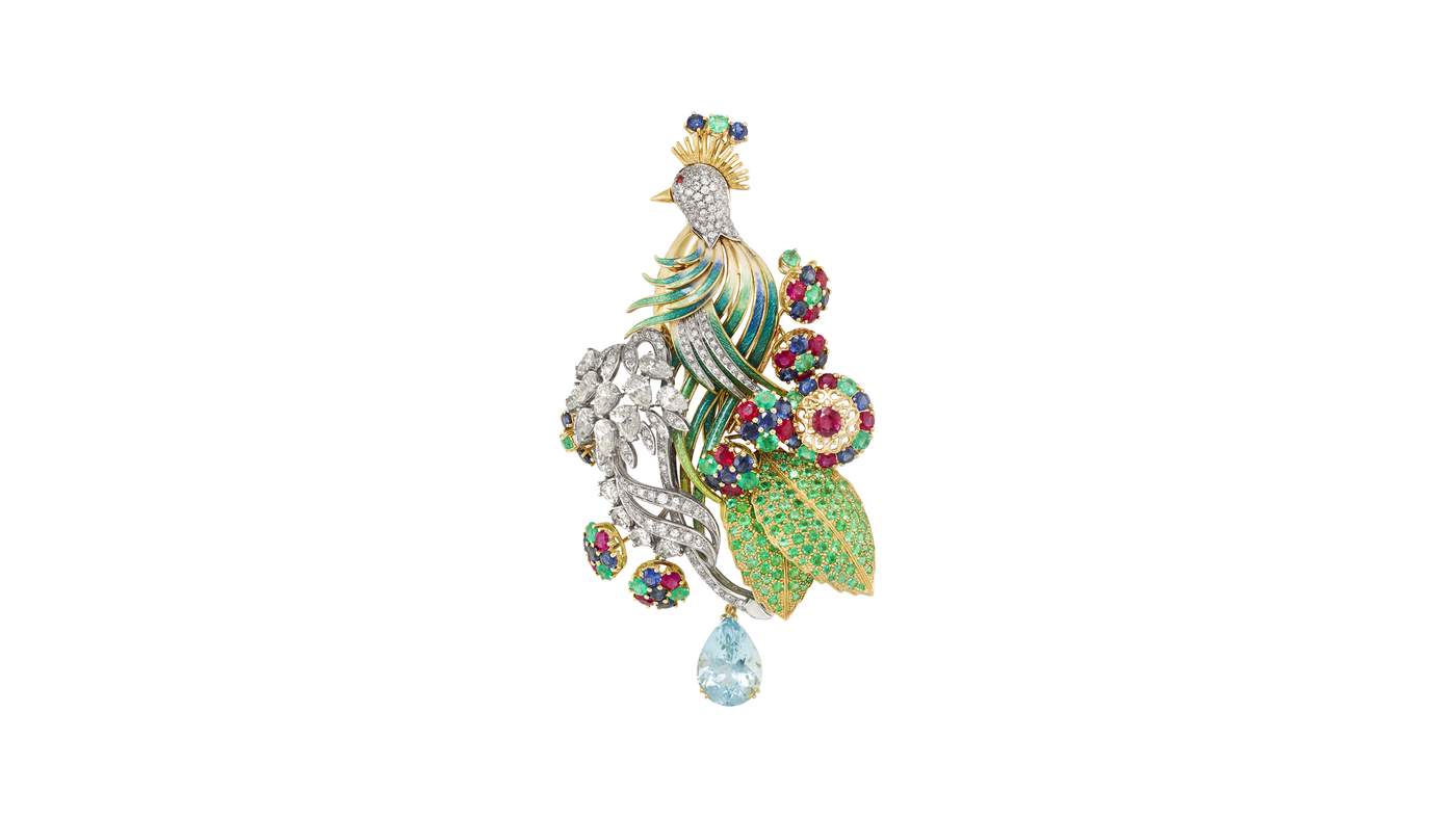 Enamelled bird-of-paradise brooch with aquamarine, emeralds, blue sapphires, rubies and diamonds