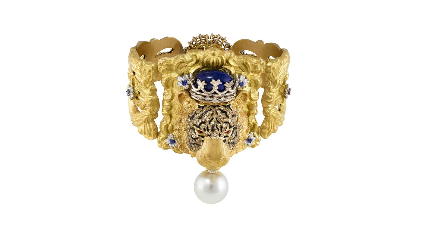 Tiger bracelet with rubies, lapis lazuli, blue sapphires, diamonds and South Sea pearl