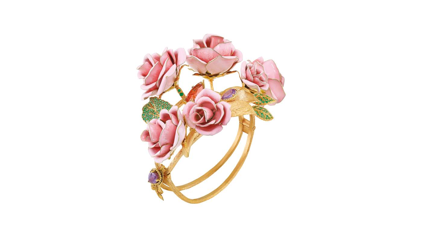 Bracelet of gold roses, modelled, enamelled and painted by hand. Pavé of emeralds and tsavorite garnets, and multi-colour sapphires