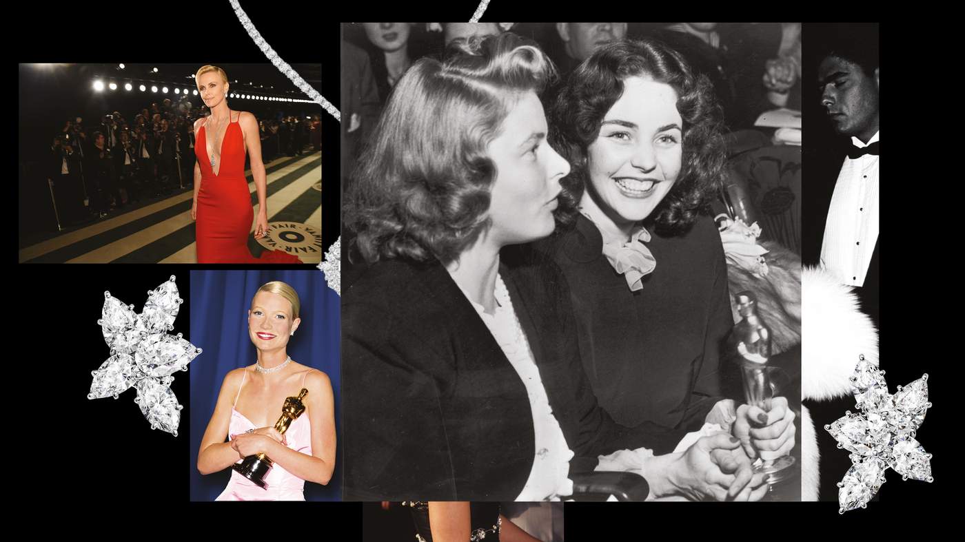 The first actress to be loaned jewels for the Academy Awards, Jennifer Jones (with Ingrid Bergman) holding the Oscar she won while wearing Harry Winston, 1944 ©Keystone\/Getty