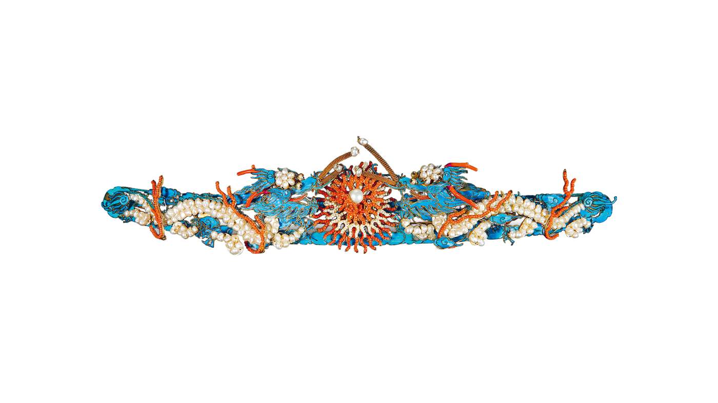 Qing dynasty. Hair pin with dragon, gilded and coloured silver, glass pearls, coral and pearls motifs (included in Chaumet exhibition)