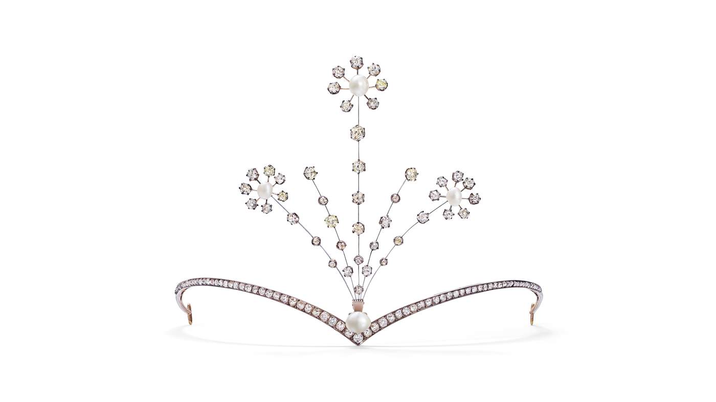 1910. Gold, silver, natural pearls and diamonds ‘Marie Stuart’ aigrette tiara