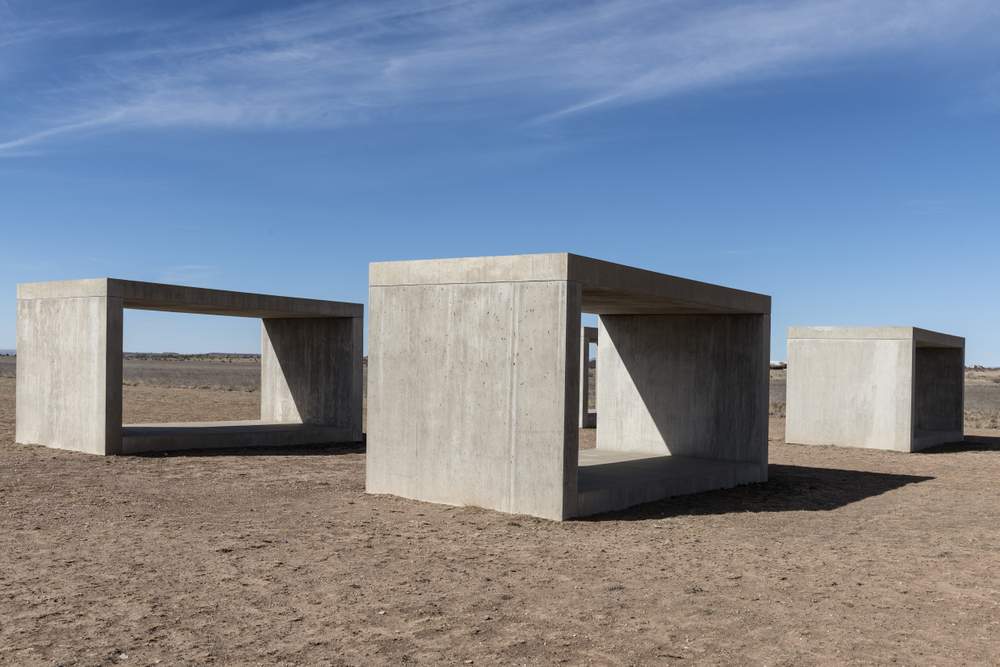 Untitled Cubes by Donald Judd, 1980-84. These box-like minimal structures, sometimes called Judd cubes, by Minimalist artist Donald Judd are in the grounds of the Chinati Foundation, or La Fundacion Chinati. Artwork: © Judd Foundation \/ ARS, NY and DACS, London 2017. Photo: Getty Images \/ Carol M. Highsmith