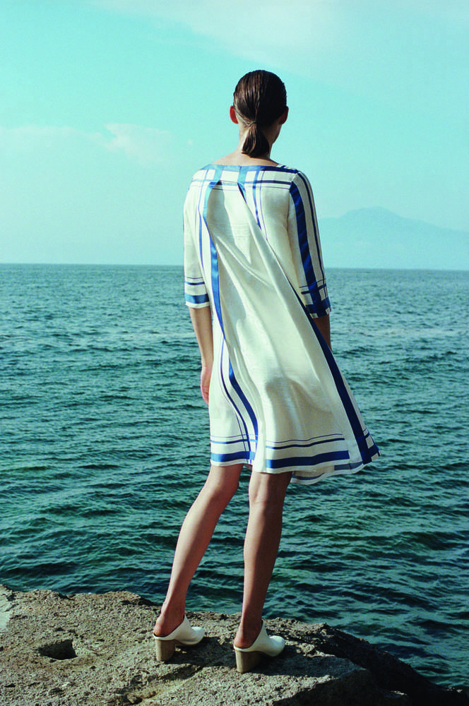 Sailor dress in the ivory white Eperon d’Or silk jacquard, Hermès SS16