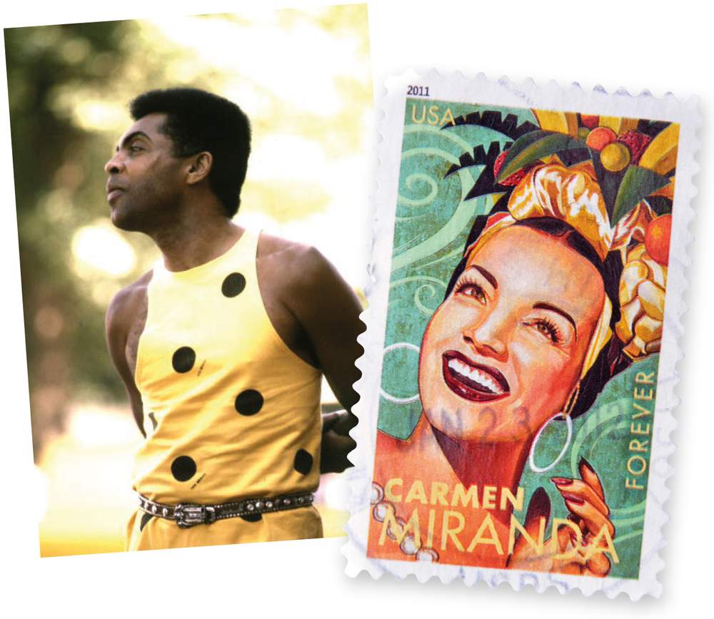 Gilberto Gil, 1985 ©Jan Persson\/Redferns\/Getty; US Carmen Miranda postage stamp ©Neftali\/Alamy