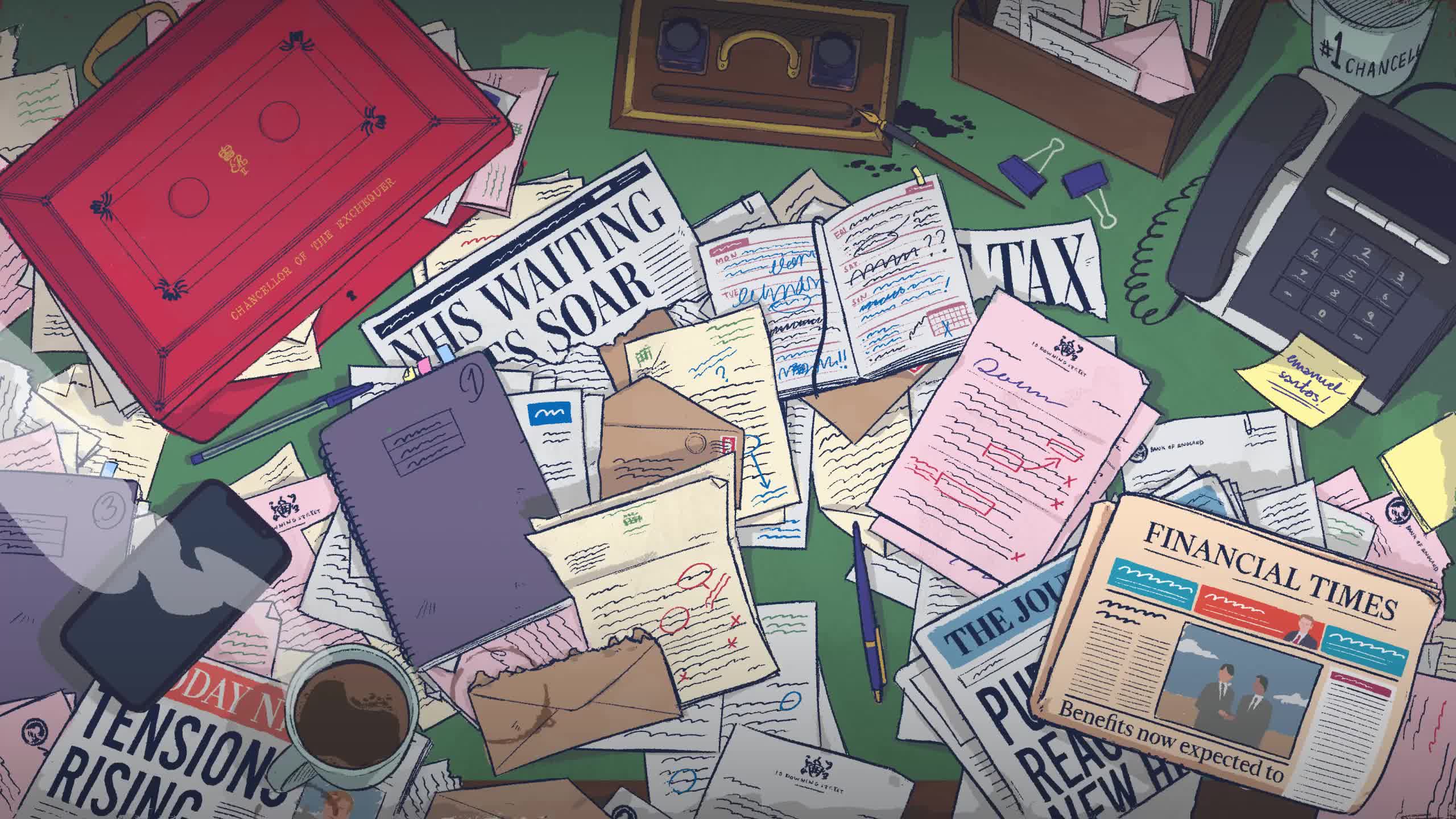 An illustration of a green leather desk from above. The desk is crowded with papers, there's a steaming mug of copy and the red chancellor's briefcase is lying there.