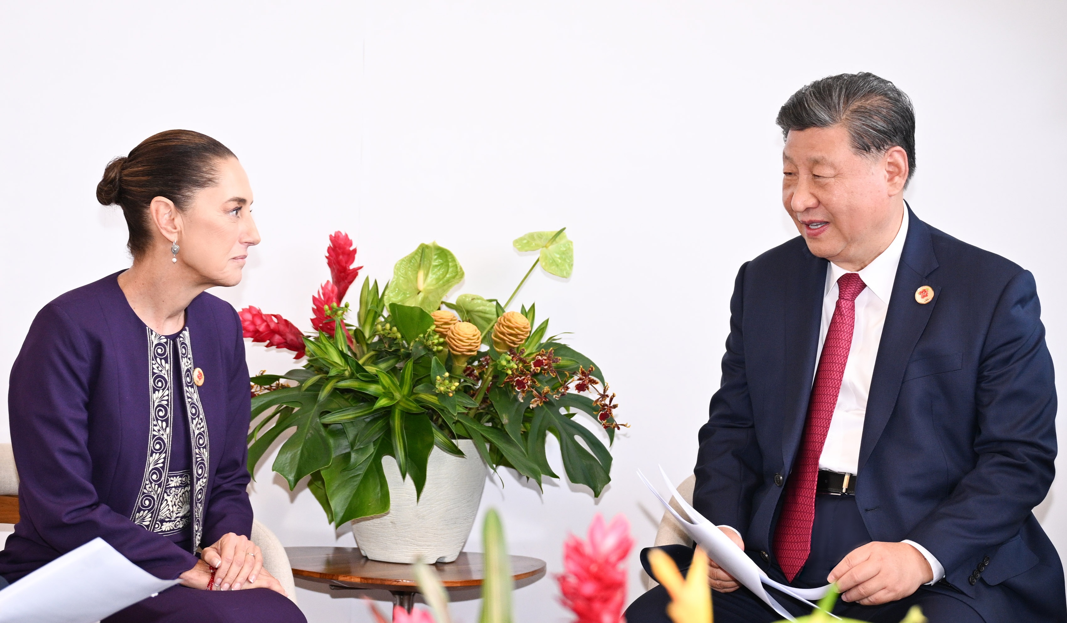 Mexican President Claudia Sheinbaum and Chinese leader Xi Jinping sit either side of a small table decorated with colourful flowers during their meeting in Brazil