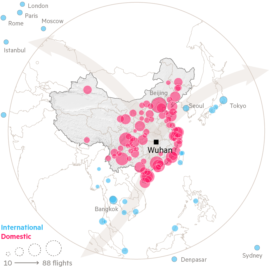 Flights out of Wuhan by destination, Jan 18-24