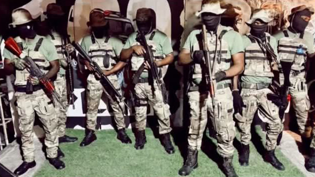 Seven men in military-style uniforms and masks hold firearms, standing in formation on a green carpet.