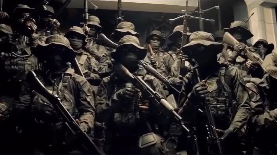 A group of men in camouflage uniforms and tactical gear, holding rifles, stand closely together.