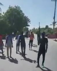 A group of people is gathered on a sunlit street, with one individual holding a rifle aloft. The background includes trees and a clear sky.