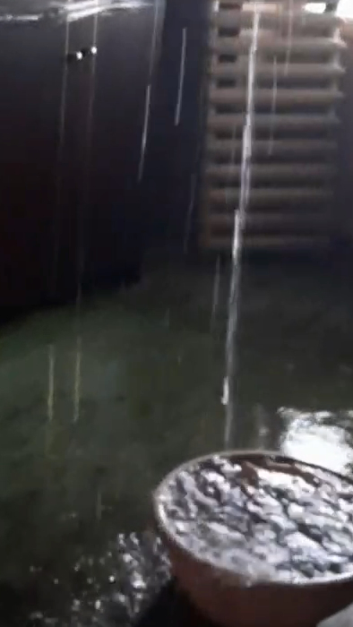 Still image from a video inside an apartment, showing water pouring out of the ceiling and into a large plastic bucket on the floor.