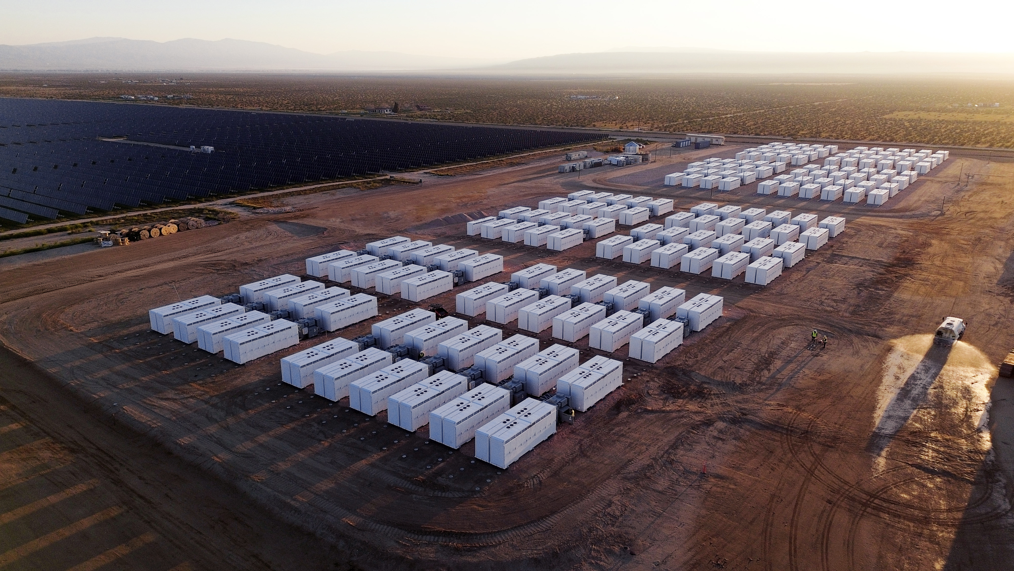 An aerial image of a Tesla battery storage facility