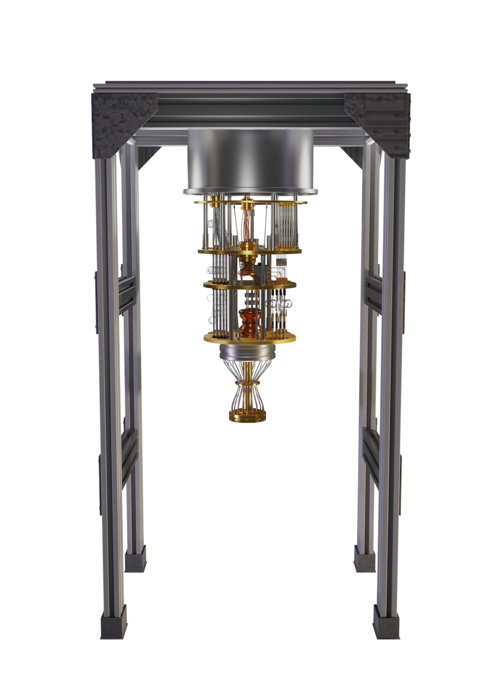 A rendered image of a quantum computer, which appears as a large, golden chandelier. The vast majority of the very large structure is dedicated to cooling the quantum processor. The chip itself is a very small spot on the bottom.