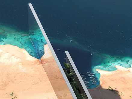 A computer generated image showing two tall reflective walls extending from desert into the sea, forming a narrow inlet with moored boats and turquoise water.