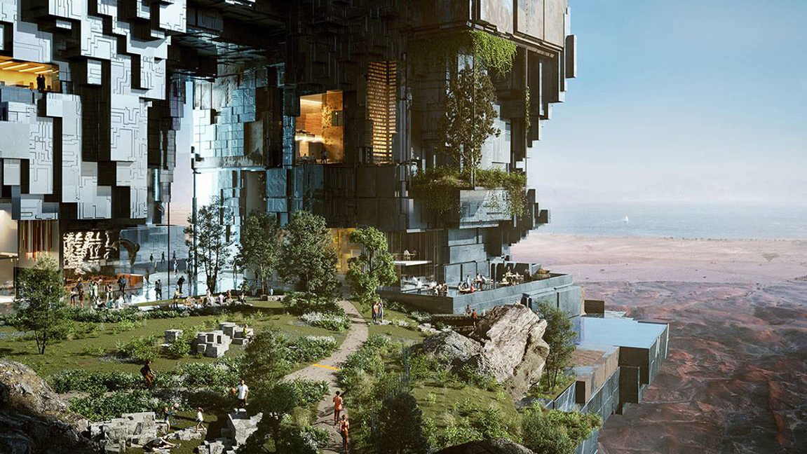 A computer generated image showing a modular, cube-like high-rise with terraced gardens, people on lawns and balconies, and a vast barren landscape beyond.