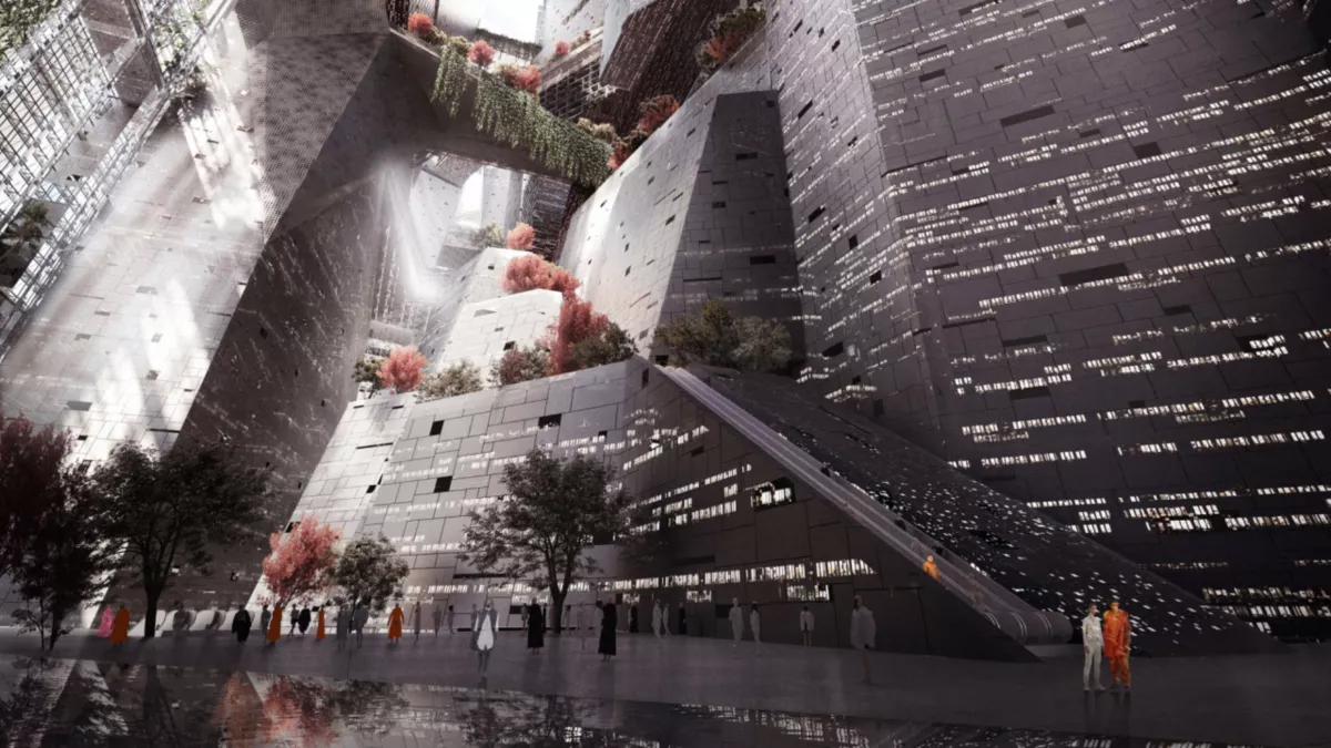 A computer generated image of a vast futuristic atrium with terraced dark walls pierced by lit window slits, pink trees and plants on ledges, tiny people and a long escalator.