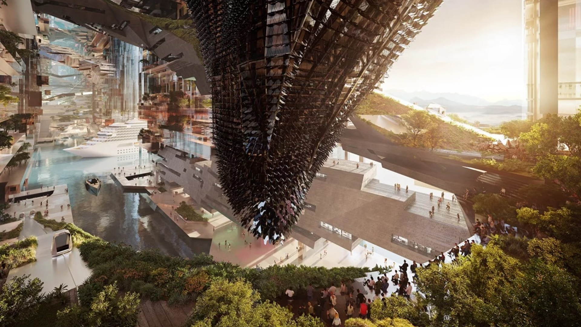 A computer generated image of a massive, inverted ribbed tower over a canal with boats, terraced walkways, greenery and crowds.