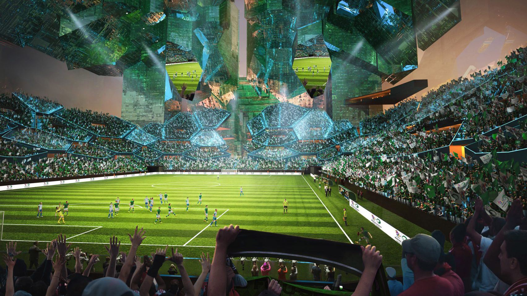A computer generated image of a packed soccer stadium with suspended mirrored geometric panels above the pitch; fans in foreground cheer and hold scarves.