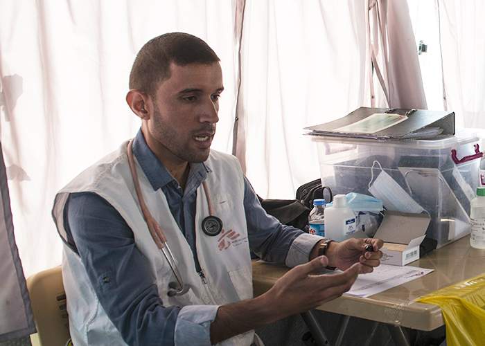 Dr Humam Mohammed in the mobile clinic that he and three colleagues operate in the Debaga refugee camp near Erbil, Iraq