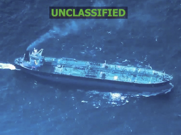 Aerial image of the Sagitta at sea with the label UNCLASSIFIED