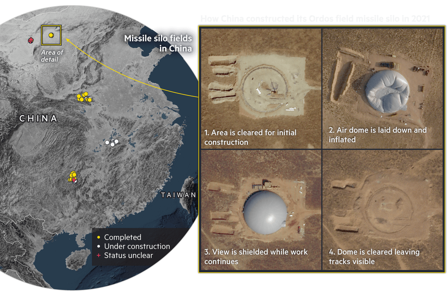 Map showing the location of China's missile silos and satellite images showing how they are built below balloons to shield their construction