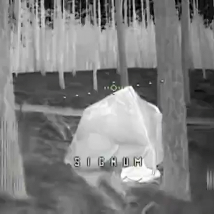 Thermal-camera view of a covered figure crouched between trees at night, overlaid with a circular targeting reticle and on-screen HUD text.