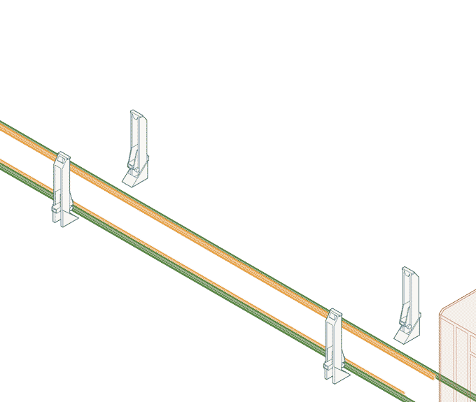 An animated gif illustrating the process of exchanging bogies, the process by which a train carriage can move onto a new set of wheels suited to the track width on the other side of the border crossing. The process is explained in the text above, but the gif illustrates a carriage entering a station, being raised off of its existing wheels, the old wheels being rolled away and new ones being rolled in, and then the carriage being lowered onto the new ones.